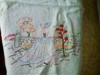 Vintage Hand Embroidered Tray Cloth Crinoline Ladies