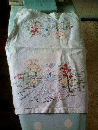 Vintage hand embroidered tray cloth Crinoline Ladies 2