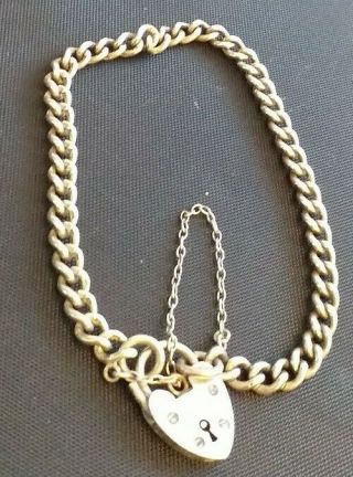 Stunning Antique 925 Sterling Silver Heart Lock Chain Vintage Bracelet.  J27