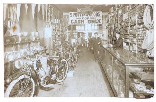 Rare Rppc Interior View Of Indian Motocycle And Sporting Goods Store