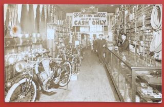 RARE RPPC Interior View Of Indian Motocycle And Sporting Goods Store 2