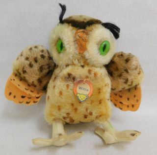 Rare 1950s Vintage Steiff Mohair Wittie Owl Plush Toy W Id Tag