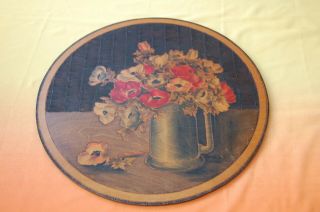 Vintage 1930s Prestonia Poker Work Woodenware Floral Circular Panel
