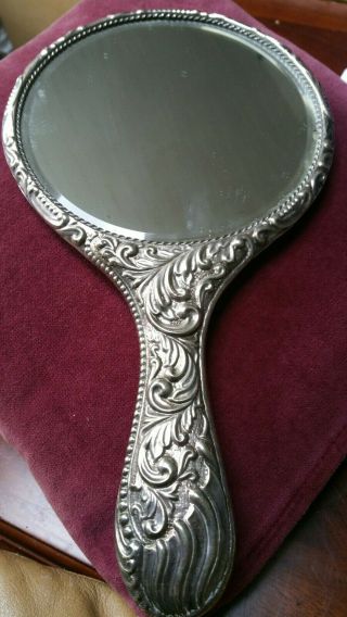 Hand Held Mirror.  Vintage Art Nouveau Styled Silver Plated Vanity Hand Mirror