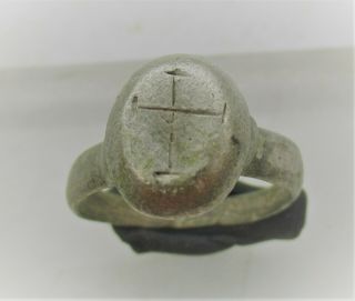 Late Roman Byzantine Crusaders Silver Seal Ring With Cross Motif