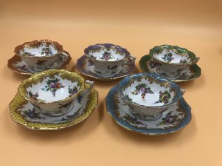 Rare Estate Antique Set Of 5 Dresden Miniature Tea Cup & Saucer Floral 2