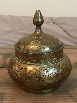 Vintage Indian Solid Brass Lidded Bowl Pot Engraved Floral Motif Mid Century