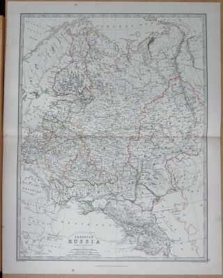 1874 Large Antique Map - Johnston - Russia In Europe