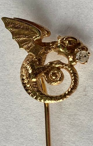 Rare Antique Victorian 14k Yellow Gold & Diamond Dragon Winged Griffin Stick Pin