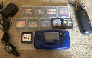 Rare Blue Sega Game Gear - & - 10 Games - All Chargers