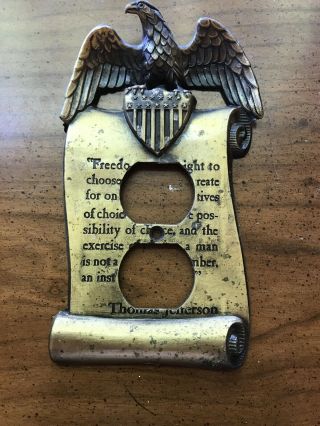 Vintage Brass Outlet Cover Thomas Jefferson Quote Eagle Patriotic Americana 1967