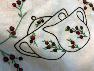 Antique Victorian Edwardian Hand - Embroidered Bridge Tablecloth Napkins Cherries 2