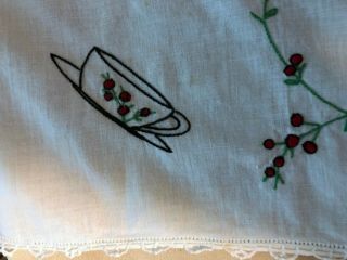 Antique Victorian Edwardian Hand - Embroidered Bridge Tablecloth Napkins Cherries 3