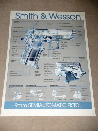 Rare Vintage Smith & Wesson 9mm Semiautomatic Pistol Cut Away Diagram Poster