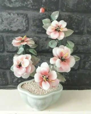Vintage Glass Asian Bonsai Tree Pink Blossom In Celadon Style Pot 11 " X 8 "