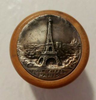 Antique Vintage Wooden Carved Round Trinket Box With Eiffel Tower,  Screw - On Lid