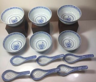 6 Vintage Chinese Rice Eyes Blue/white Soup Bowls And Spoons Fine China Kitchen