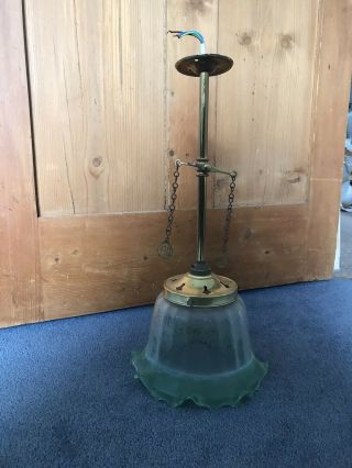 Vintage Frosted Green Glass And Brass Ceiling Light With On And Off Switch