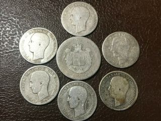 Greece 1868 - 1873 X7 Silver Coins 1,  2 Drachmai Rare