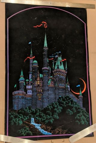 Rare Vintage Blacklight Poster 1970s - Moon Castle - Flocked Velvet