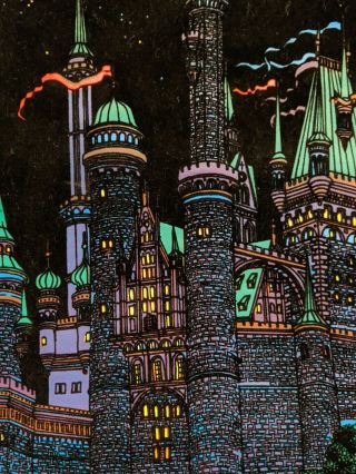RARE Vintage Blacklight Poster 1970s - Moon Castle - Flocked Velvet 2