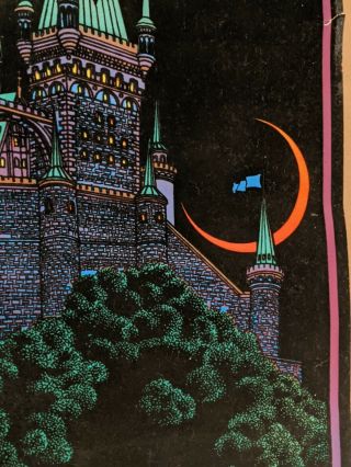 RARE Vintage Blacklight Poster 1970s - Moon Castle - Flocked Velvet 3