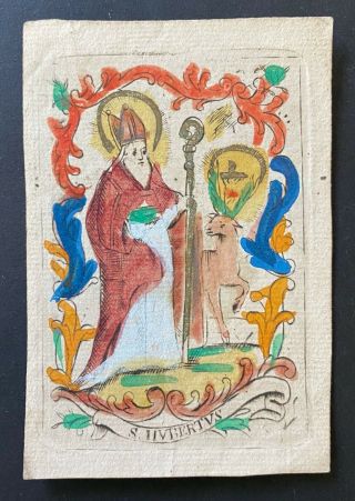 Engraving Antique 18th Century Holy Card Hand Paint St Hubertus Rare