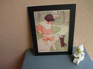 Antique Illustration Of Child Playing With Cat By Maria L.  Kirk 1916