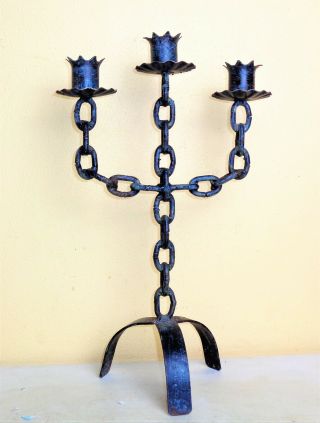 Antique Vintage Candlestick Holder 3 Spots Iron Chain Rustic Primitive Gothic