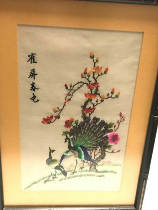 Antique Vintage Japanese Asian Silk Embroidered Peacock Birds Art Framed 3
