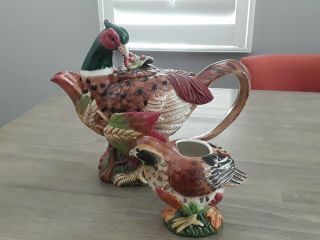 Rare Vintage Fitz And Floyd Classic Huntington 2 Piece Pheasant Teapot And Chick