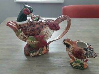 Rare Vintage Fitz and Floyd Classic Huntington 2 Piece Pheasant Teapot and Chick 2