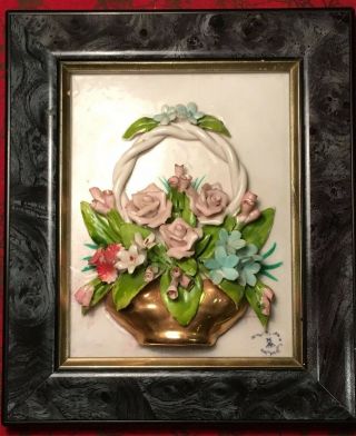Framed Porcelain Capodimonte Gold Basket Of Flowers Wall Plaque Upside Down Mark