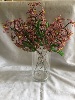 Antique/vintage French Glass Beaded Flowers,  Pink Hyacinths,  5 Stems