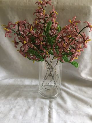 Antique/Vintage French Glass Beaded Flowers,  Pink Hyacinths,  5 Stems 2