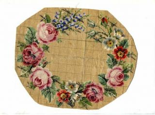 Antique Berlin Woolwork Hand Painted Chart Pattern Roses Oval Wreath