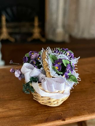 Vintage Miniature Dollhouse Artisan Basket Hand Made Violets Lace Silk Ribbons