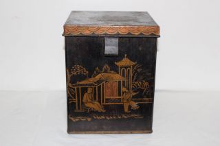 Antique Hand Painted Asian/chinese Tin Tea Caddy Box W/hinged Lid