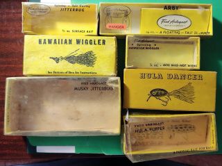 7 Vintage Fred Arbogast Fishing Lure Empty Boxes - Musky Jitterbug Hula Dancer