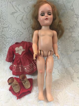 Vintage 15” Ideal Doll Hard Plastic Walker Sleepy Eyes Mary Hartline Red Dress