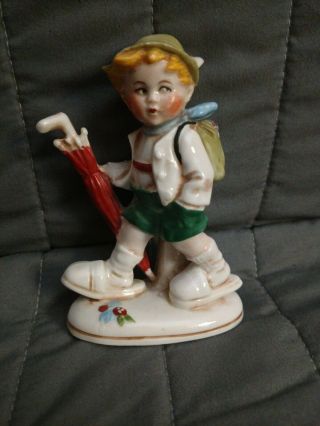 Vintage German Porcelain Figurine Boy Walking With Umbrella Marked 20383 Rare