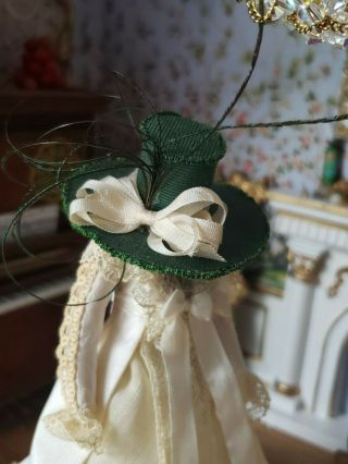 Dollhouse Miniature Artisan Antique Style Ladies Green Feather Hat 1:12