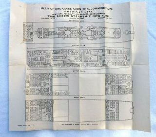 Rare Vintage 1914 American Line Steamship York Deck Plan 18 " X 18 "