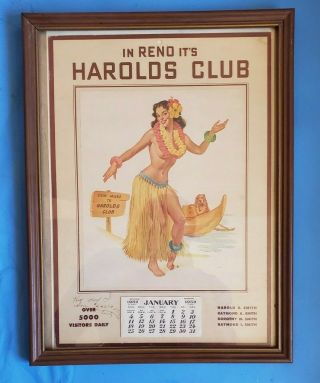- Rare - Harold’s Club Reno,  Nv 1959 Pin - Up Calendar Hawaiian,  Hula Theme Framed