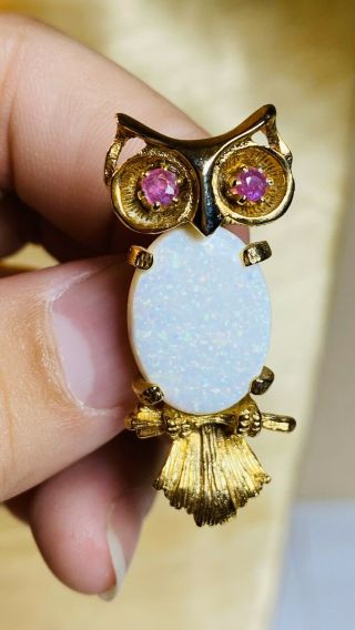 Vtg Figural Owl Pin Brooch 14k Gp Gold Ruby Firestone Opal Cab Rare Gem