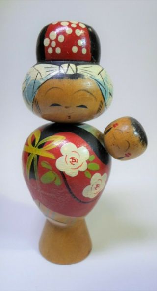 Antique Kokeshi Doll - Mother With Child Hand Painted Wood Japan 3.  5 " Tall
