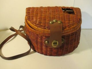 Vintage Fishing Creel Fly Wicker Leather Basket Trout Strap Handle