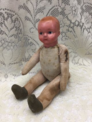 Antique Doll Composition Head Cloth Body Molded Hair Painted Face