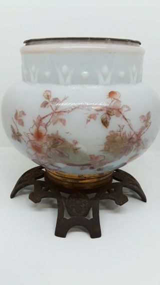Antique Gwtw Banquet Oil Lamp Base Hand Stencil Landscape Flowers Opaque White