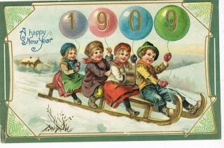 Antique Embossed Year Postcard Children Holding " 1909 Balloons "